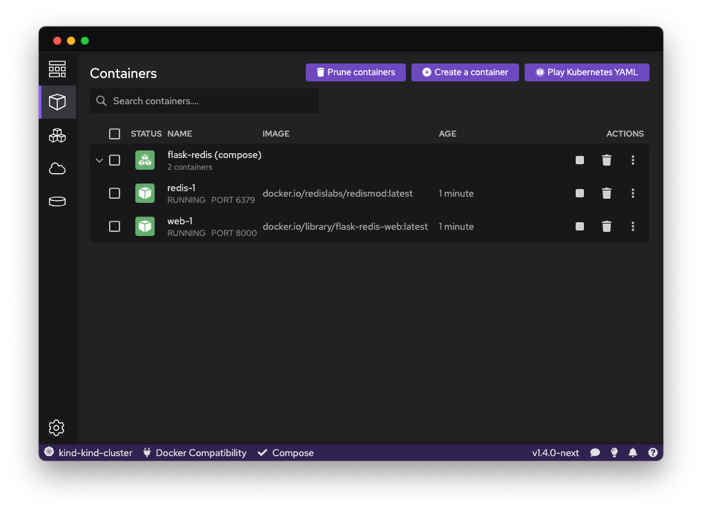 Podman Desktop detects the multi-container applications that Compose creates as a container group.